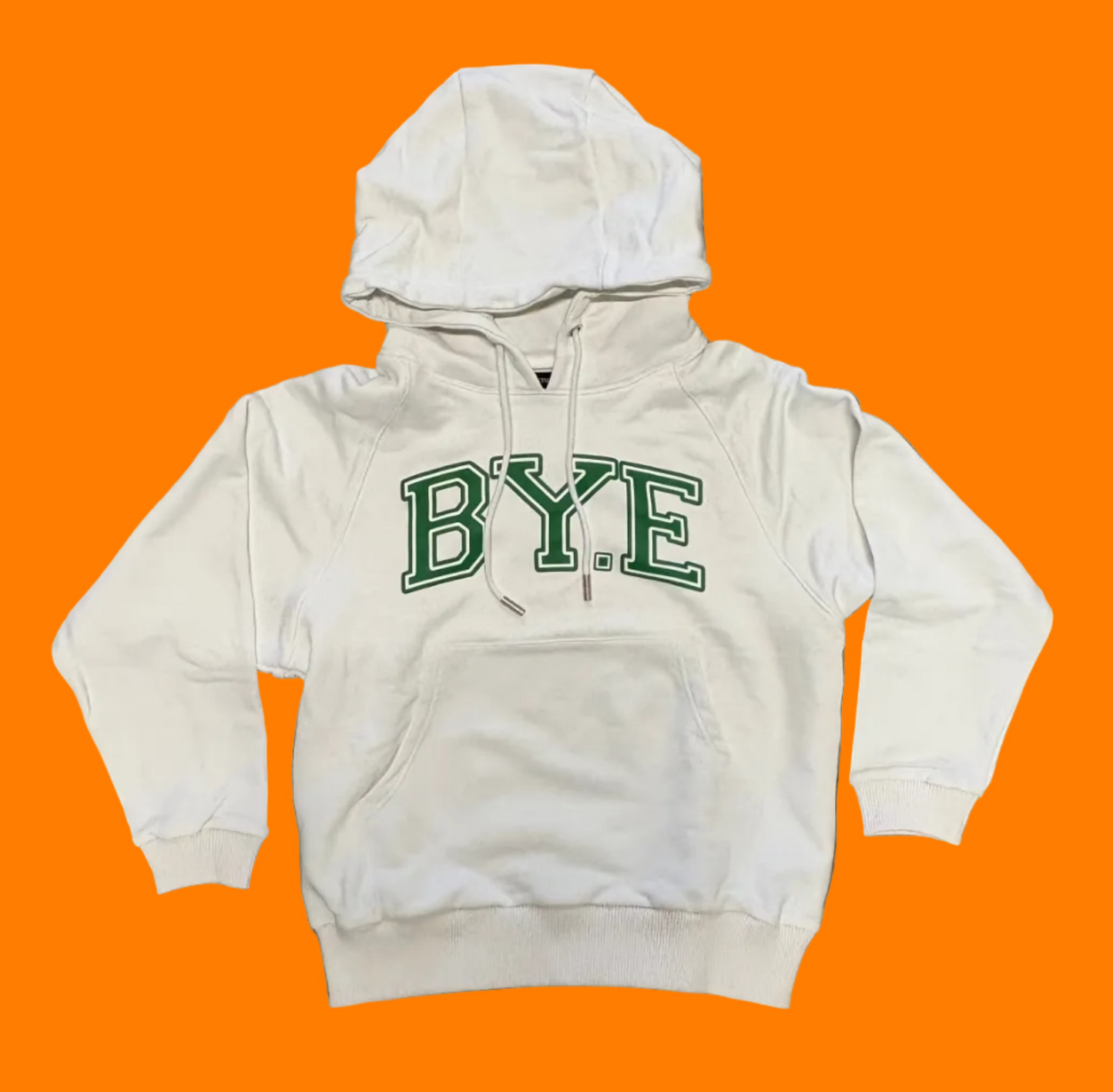 White hoodie with BY.E screen printed in large, green, collegiate text.