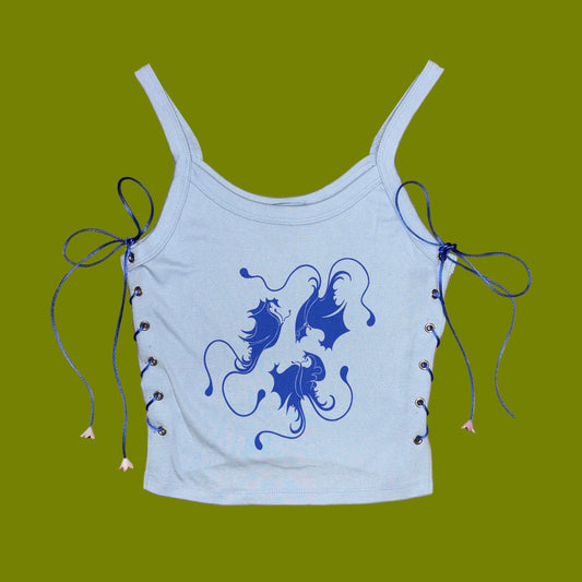 Lepidoptera Three Graces Butterfly Lace-Up Tank in Blue