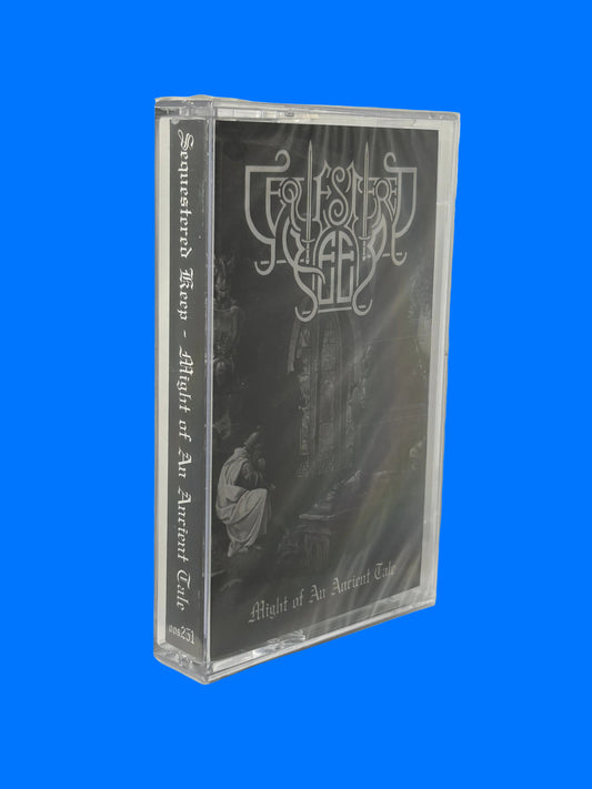 Clear cassette tape with black label featuring text and logo on a white background sequestered keep