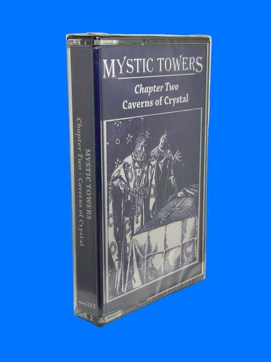 Cassette tape with 'Mystic Towers' cover on a white background