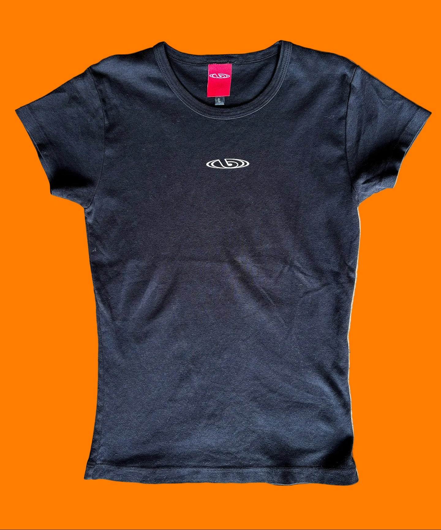 BY.Everyone black baby tee with light pink logo printed on the center chest.