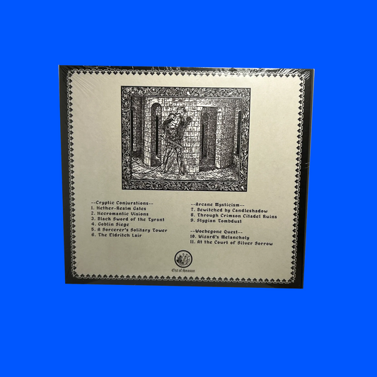 Album cover with black and white illustration and text on a blue background
book of skelos