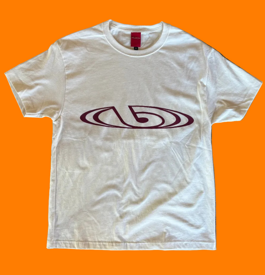 Cream tee shirt with large burgundy BY.Everyone logo screen printed on the center.