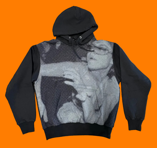 Black hoodie with photo screen print in grey.