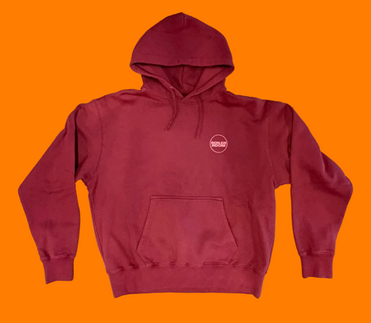 Brick red hoodie with bright red screen printed logo on the left chest.
