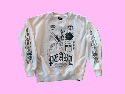 Pink sweatshirt with black graphics and 'Pearl' branding on a textured gray background