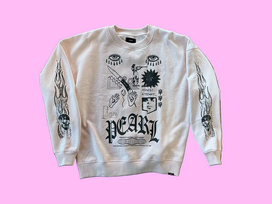 Pink sweatshirt with black graphics and 'Pearl' branding on a textured gray background
