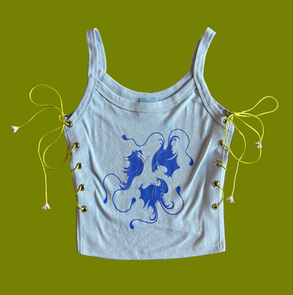 Lepidoptera Three Graces Butterfly Lace-Up Tank in Blue