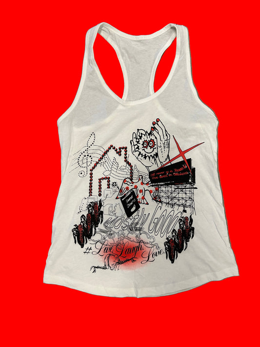 White tank top with black and red graphic design on a concrete floor
