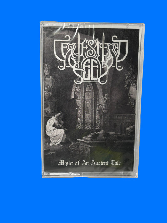 Cassette tape with a black and white cover featuring intricate text and images, held by a white holder. sequestered keep