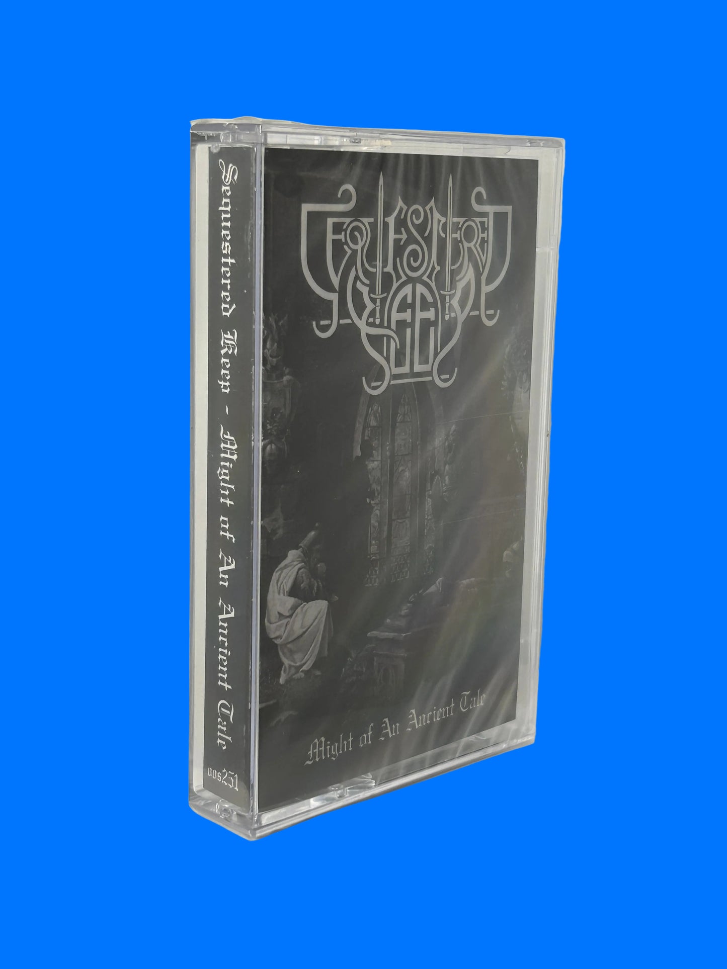 Clear cassette tape with black label featuring text and logo on a white background sequestered keep