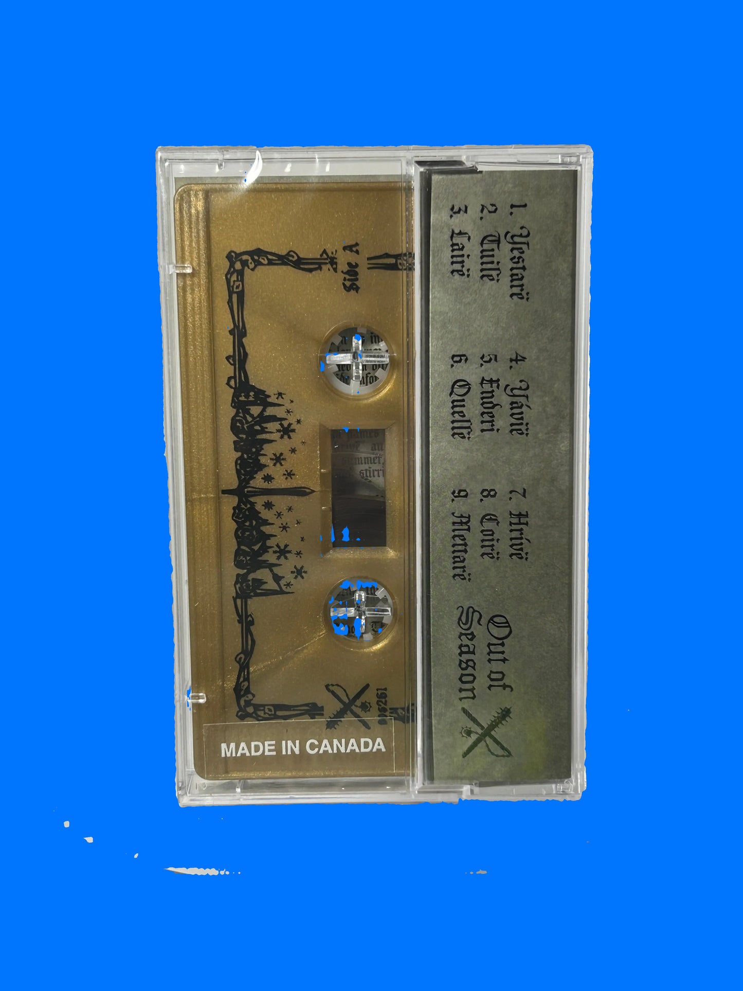 Cassette tape with a silver and gold design on a white background Frostgard