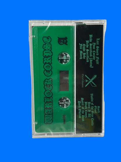 Cassette tape with green label and black text on a white background warlock corpse