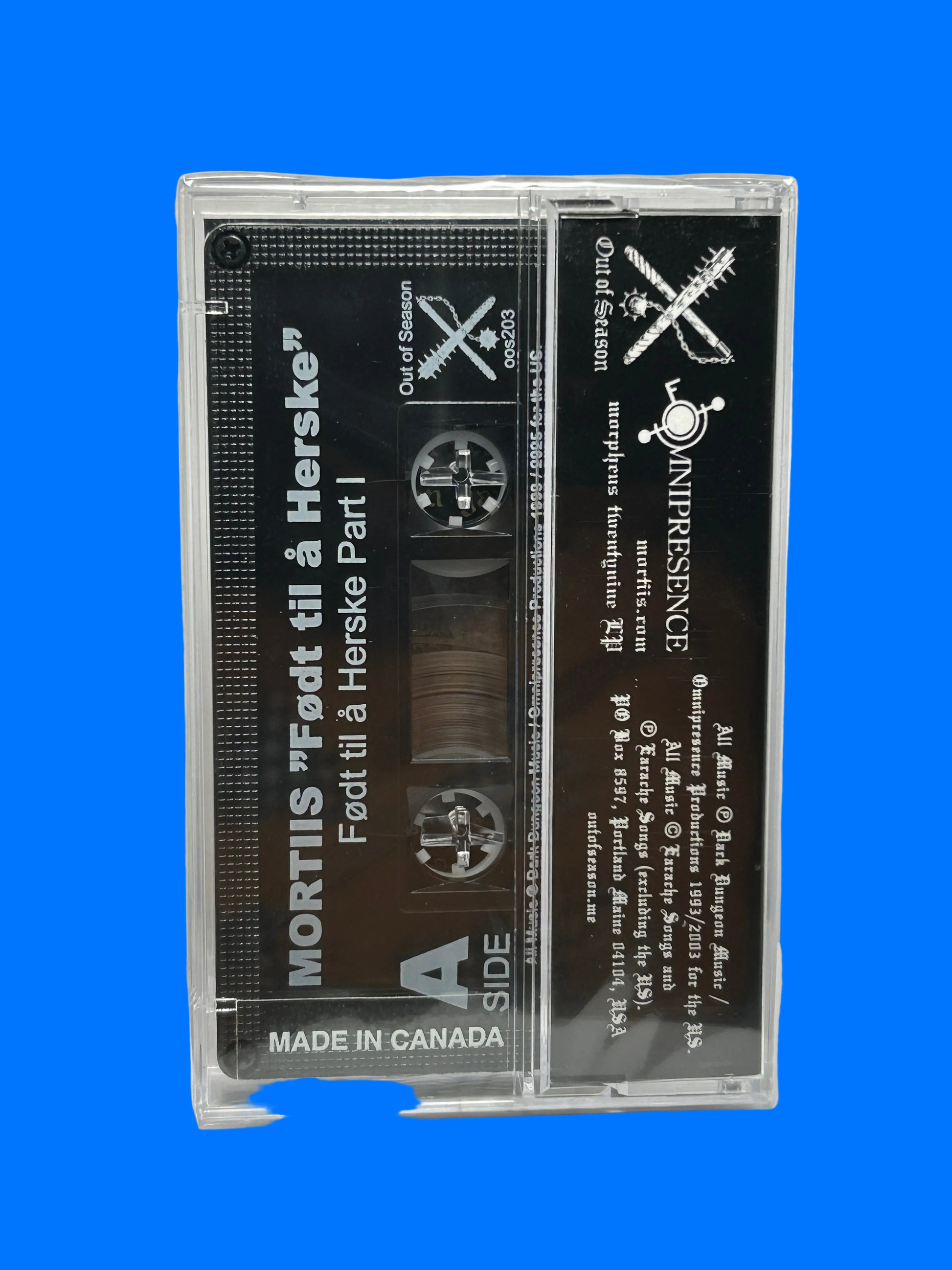 Cassette tape with visible branding on a white background Mortiis