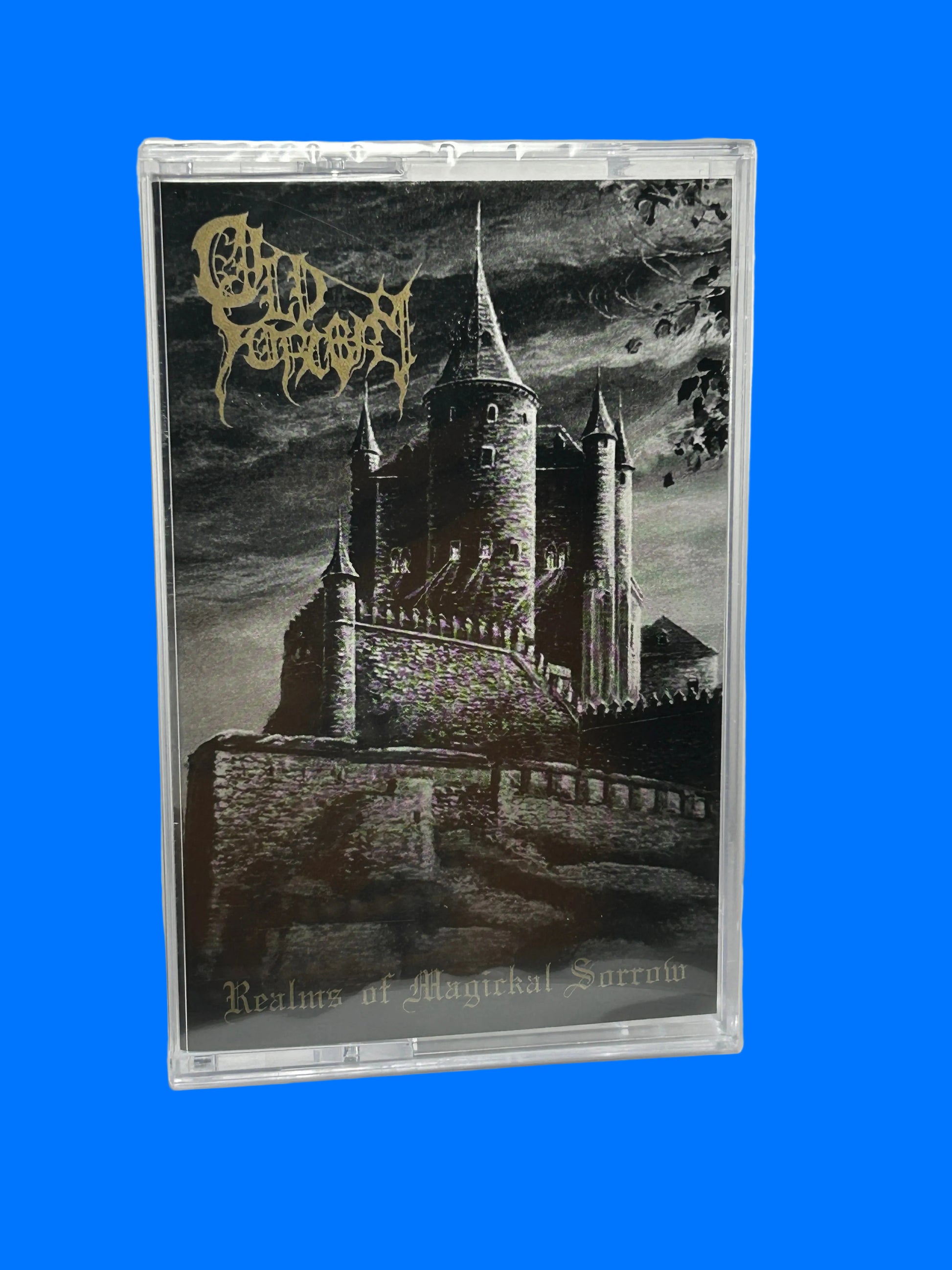 Cassette tape with a castle design on the cover, held against a white background. old sorcery