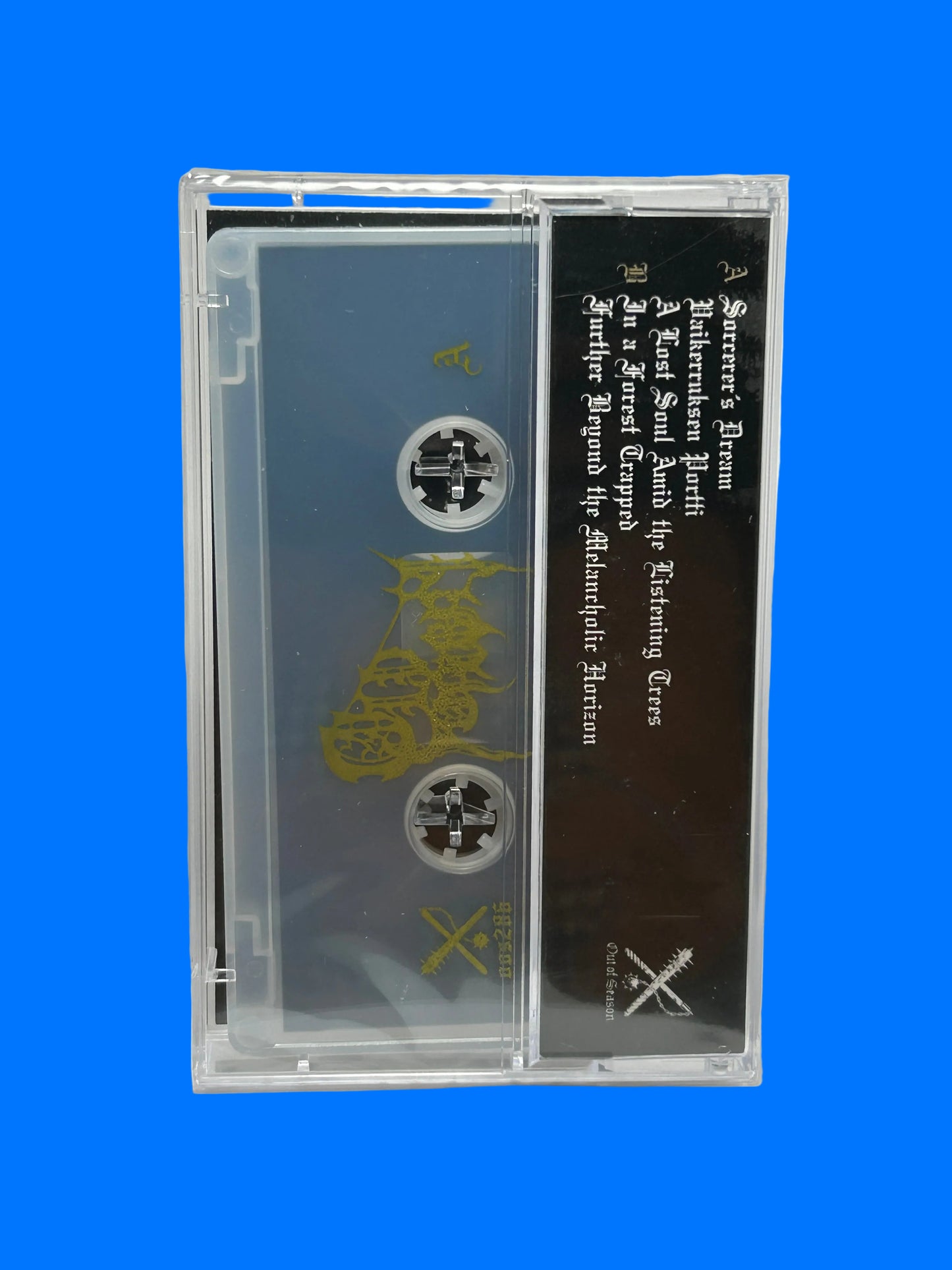 Cassette tape with a black label on a white background old sorcery