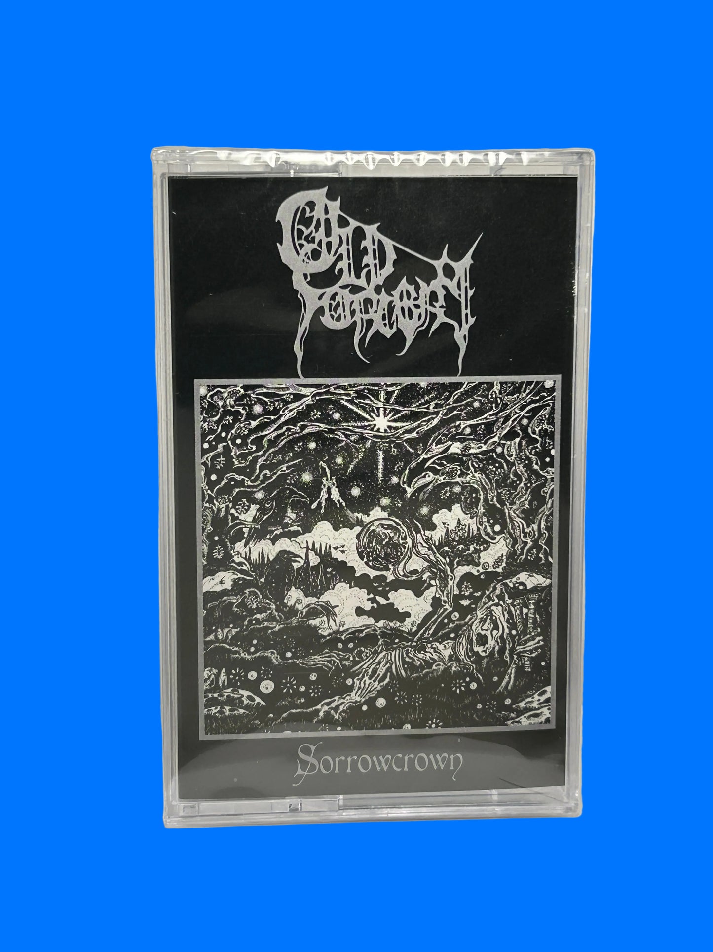 Black and white graphic design on a transparent card with 'old sorcery' branding. sorrowcrown