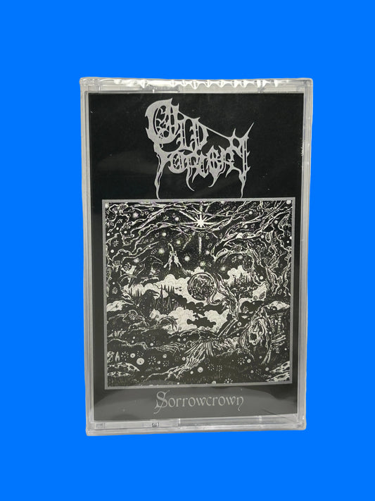 Black and white graphic design on a transparent card with 'old sorcery' branding. sorrowcrown