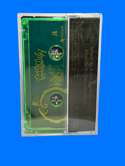 Green cassette tape with decorative cover on a white background mortiis