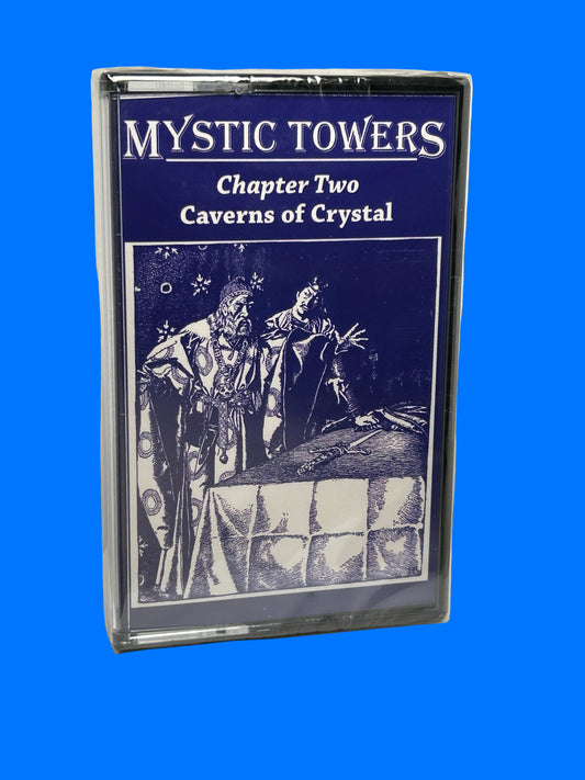 Cassette tape cover titled 'Mystic Towers Chapter Two Caverns of Crystal' on a white background