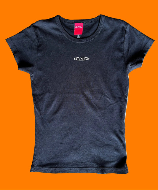 BY.Everyone black baby tee with light pink logo printed on the center chest. 