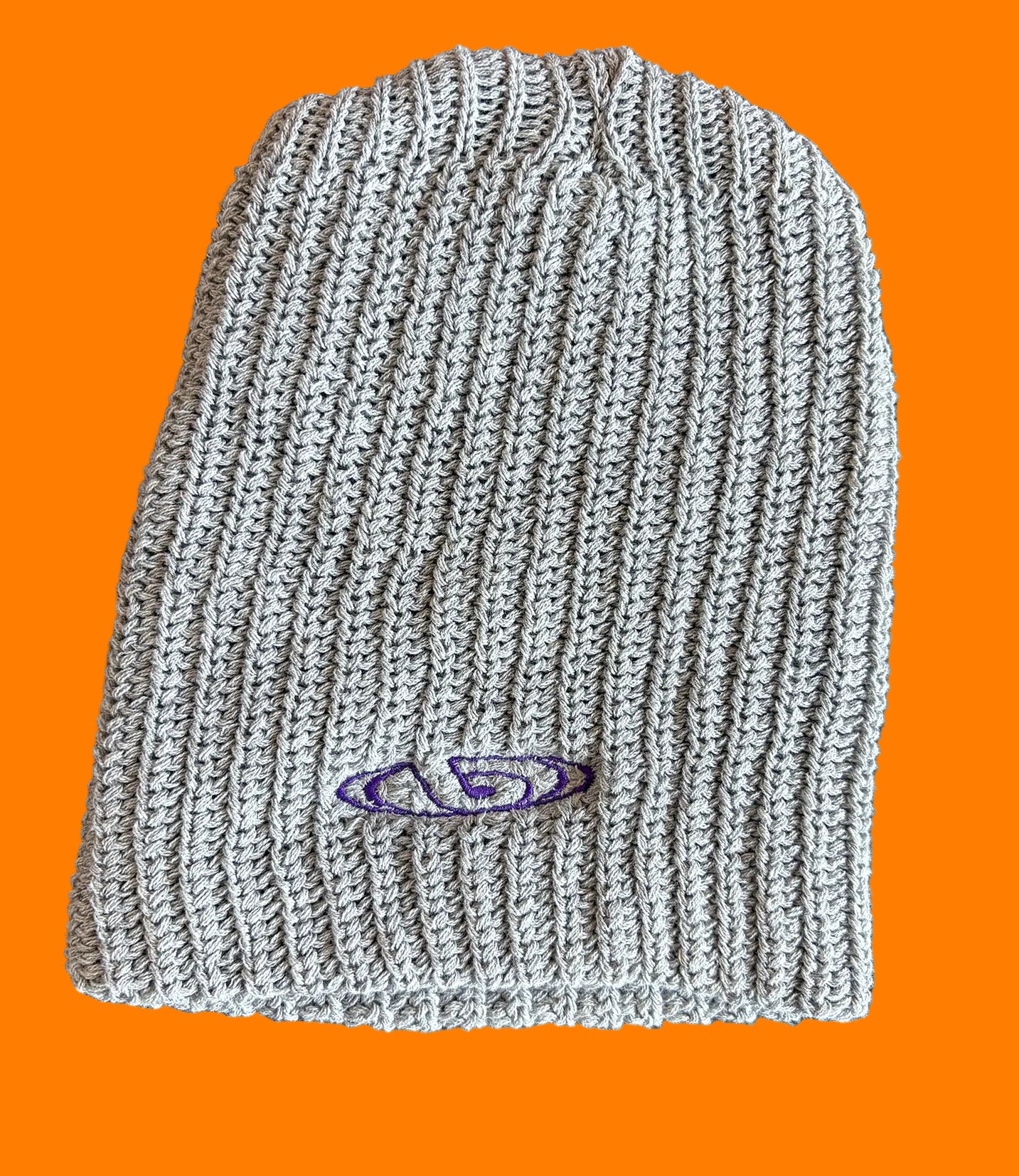 Chunky grey knit beanie with purple embroidered BY.Everyone logo on the front.