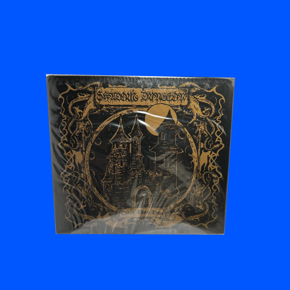 Decorative box with castle illustration and ornate design on a blue background