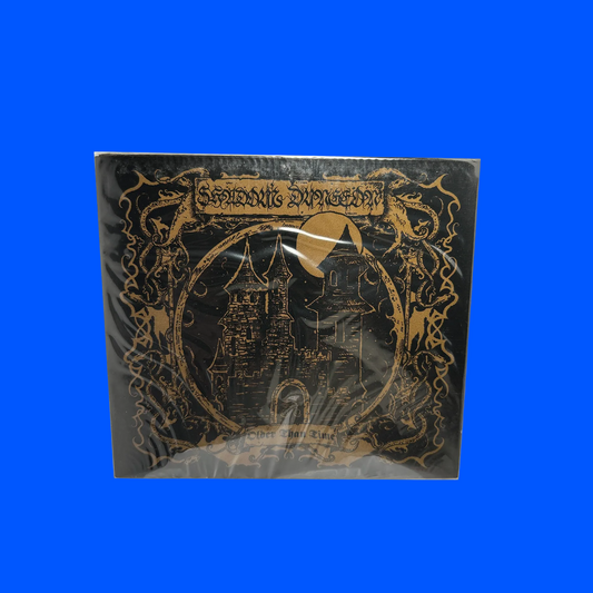 Decorative box with castle illustration and ornate design on a blue background